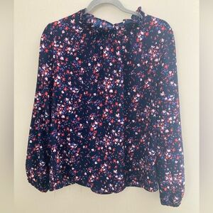 J. Crew Factory Long Sleeve Ruffleneck Top Pink Blue Floral Navy Blue Size XL